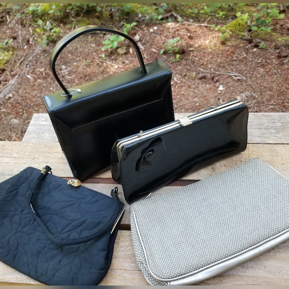 Bag Lot 4 Clutch Purse Wallet Zipper Clasp Leather Vinyl Fabric Black Shiny Gold